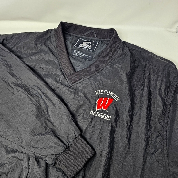 VTG Starter Men L Wisconsin‎ Badgers Windbreaker Jacket Pullover V-Neck Black. - Picture 1 of 9